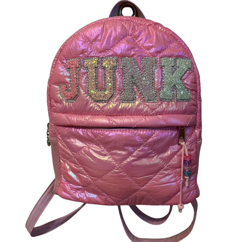 OMG Accessories Pink Quilted Shiny Small Backpack JUNK Glittery Letters
